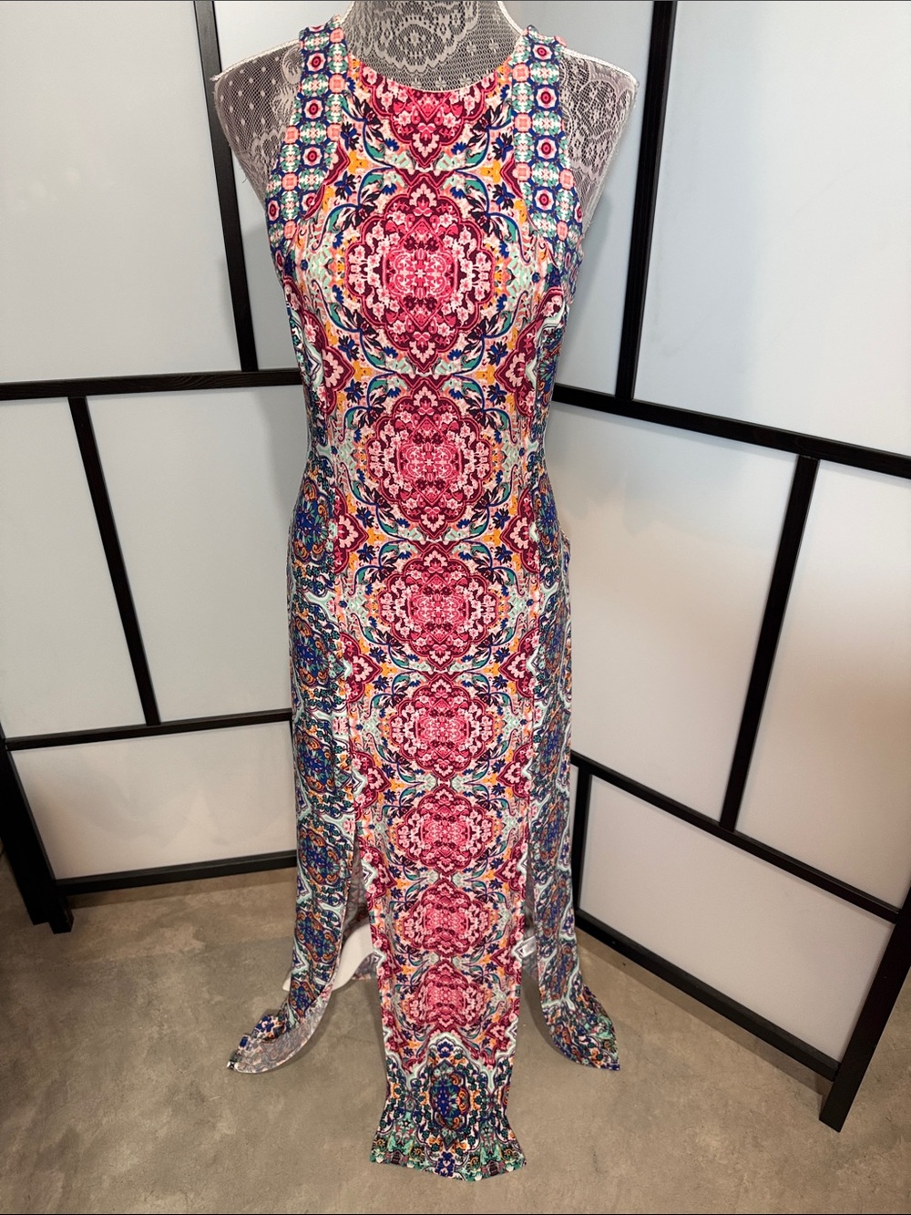 London Times Pink Blue Multicolor Mosaic-Print Maxi Dress